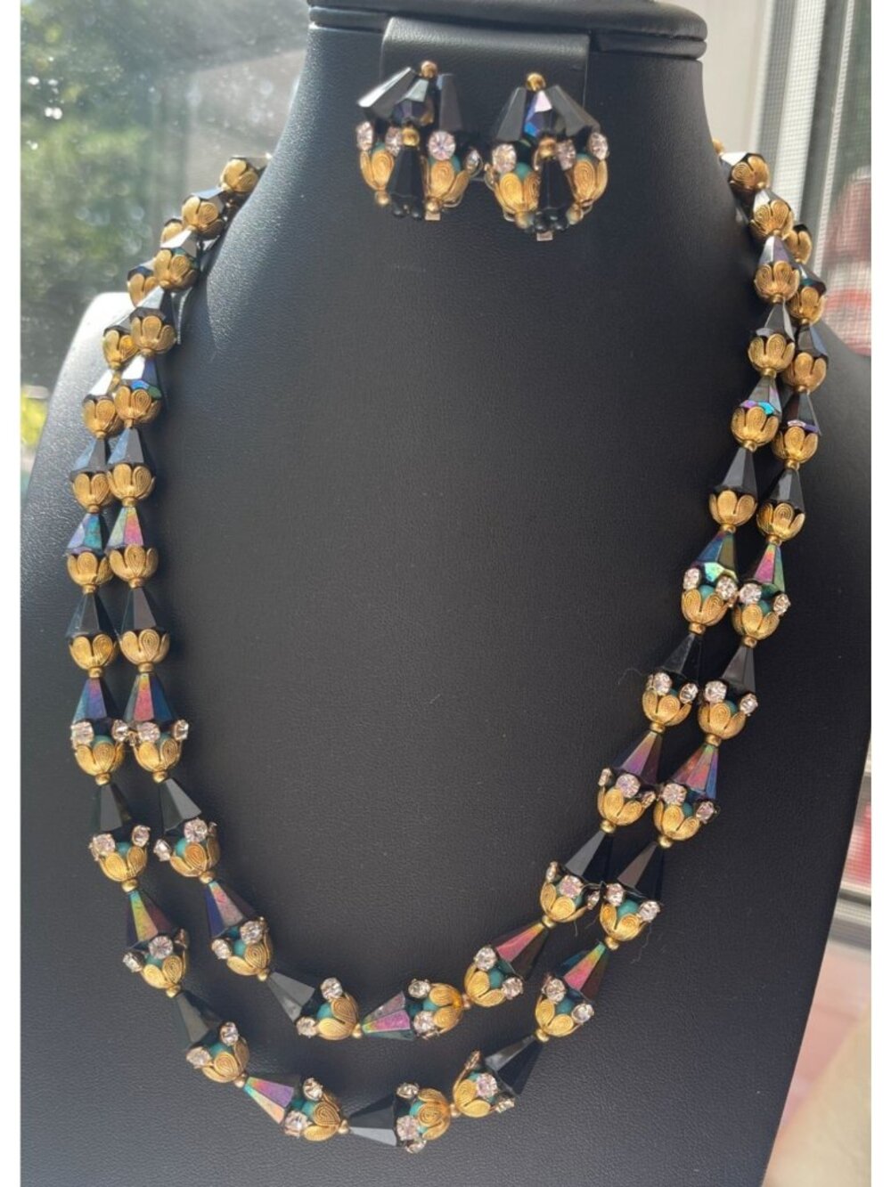 Vtg Demi Parure Double Strand Necklace & Earrings W/ Aurora Borealis Bugle Beads